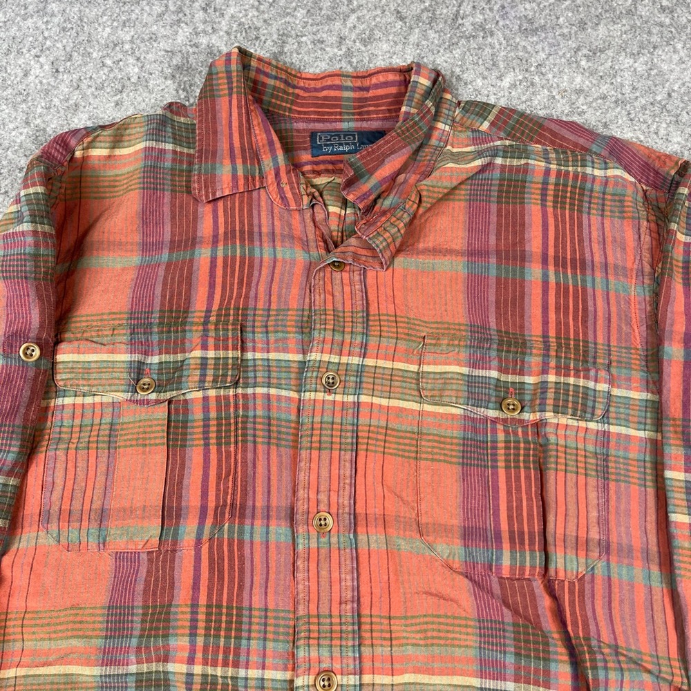 Polo Ralph Lauren Button Down Mens XL Orange Plaid Linen Silk Roll Tab Shirt
